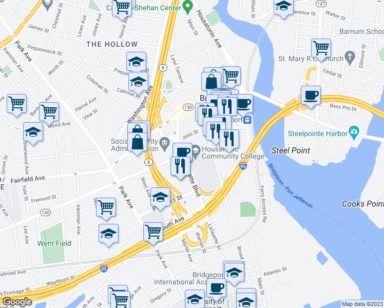 map of restaurants, bars, coffee shops, grocery stores, and more near 875 Broad Street in Bridgeport