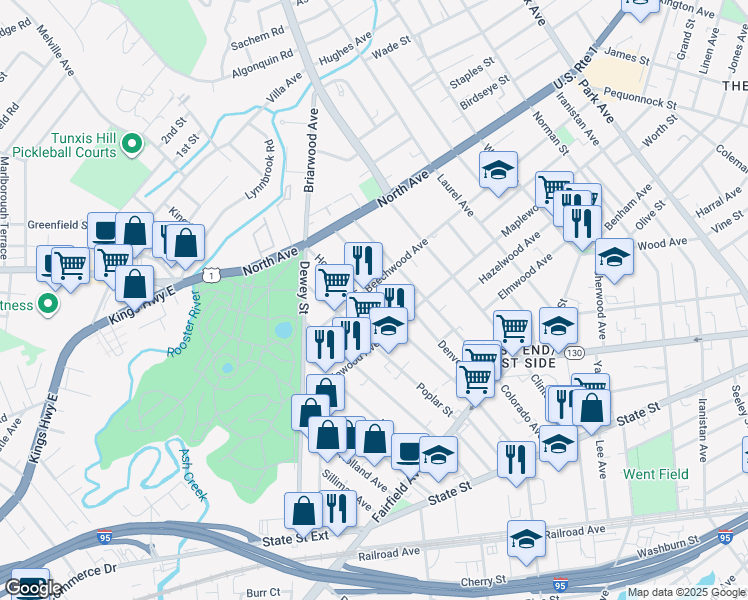 map of restaurants, bars, coffee shops, grocery stores, and more near 814 Maplewood Avenue in Bridgeport