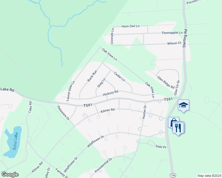 map of restaurants, bars, coffee shops, grocery stores, and more near Hickory Road in Monroe County