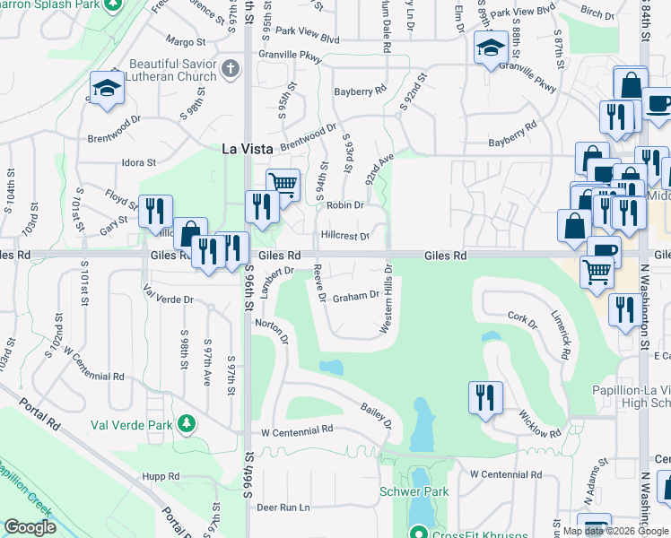 map of restaurants, bars, coffee shops, grocery stores, and more near 908 Graham Drive in Papillion