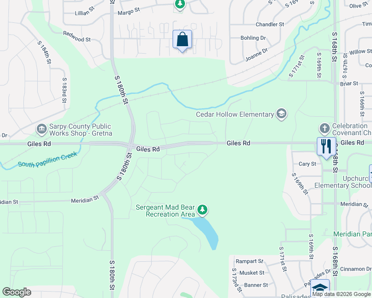 map of restaurants, bars, coffee shops, grocery stores, and more near 17393-17999 West Giles Road in Omaha