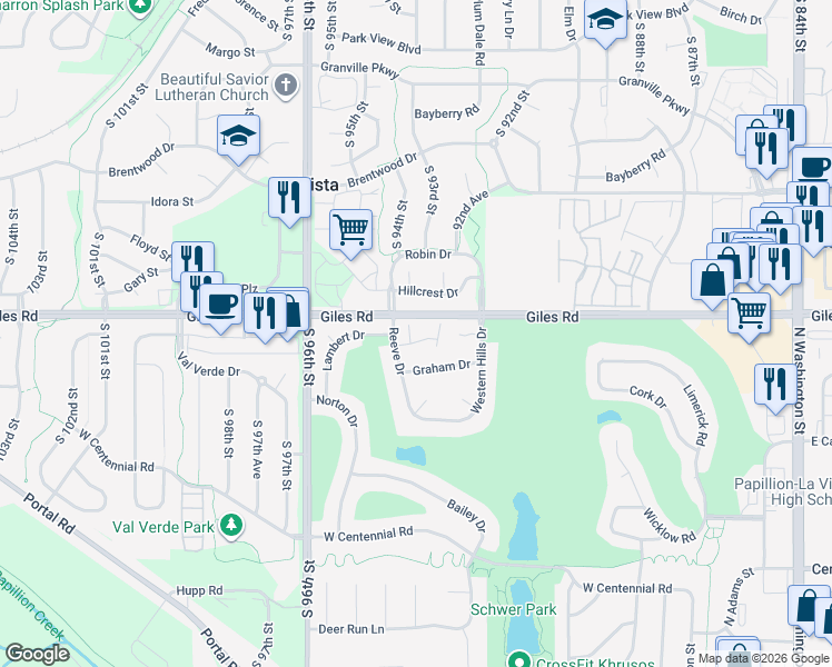 map of restaurants, bars, coffee shops, grocery stores, and more near 908 Graham Drive in Papillion