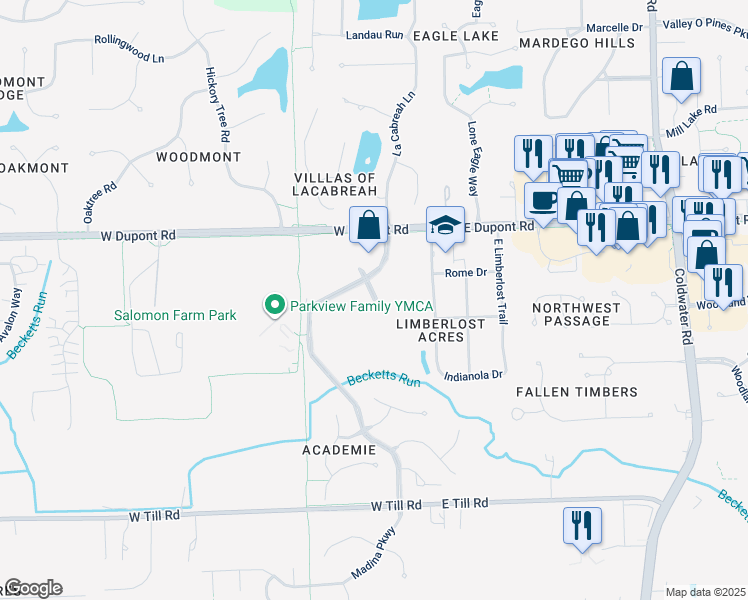 map of restaurants, bars, coffee shops, grocery stores, and more near 355 Augusta Way in Fort Wayne