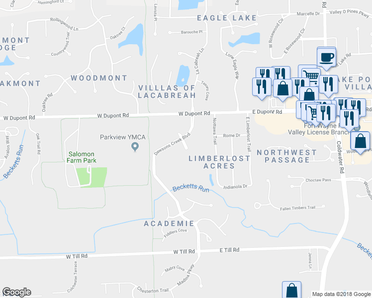 map of restaurants, bars, coffee shops, grocery stores, and more near 422 Augusta Way in Fort Wayne