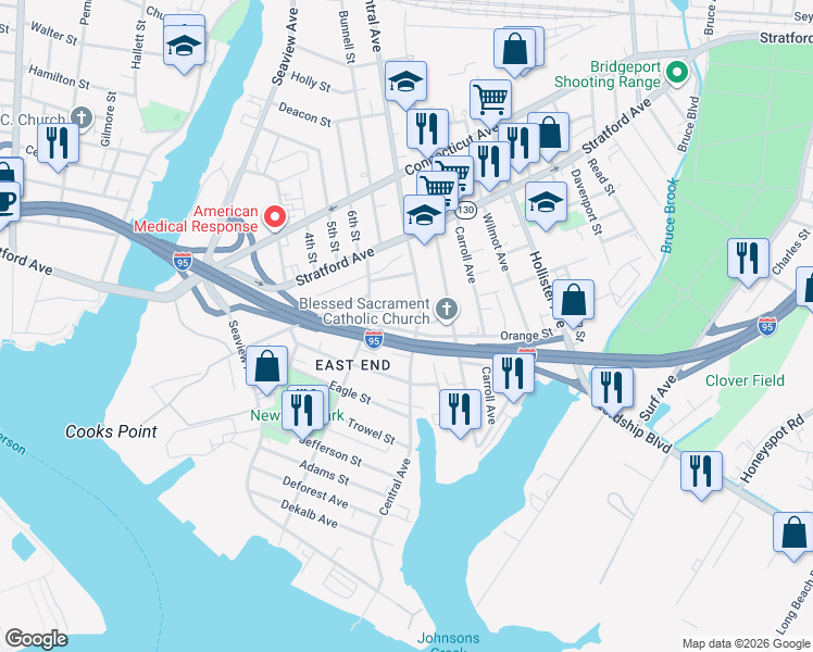 map of restaurants, bars, coffee shops, grocery stores, and more near 533 Central Avenue in Bridgeport