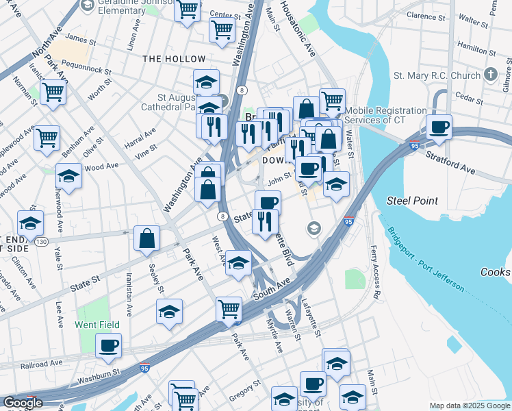 map of restaurants, bars, coffee shops, grocery stores, and more near 421 State Street in Bridgeport