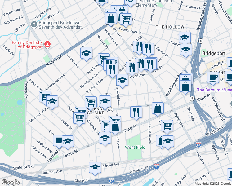 map of restaurants, bars, coffee shops, grocery stores, and more near 155 Sherwood Avenue in Bridgeport