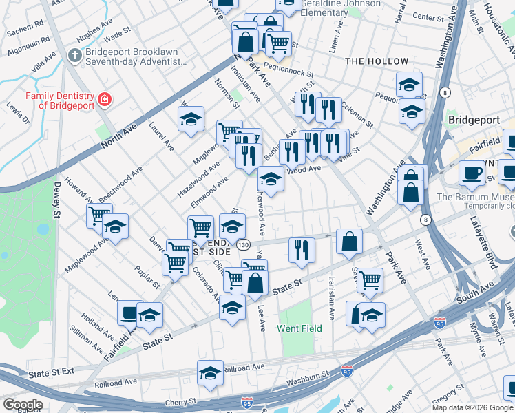 map of restaurants, bars, coffee shops, grocery stores, and more near 155 Sherwood Avenue in Bridgeport