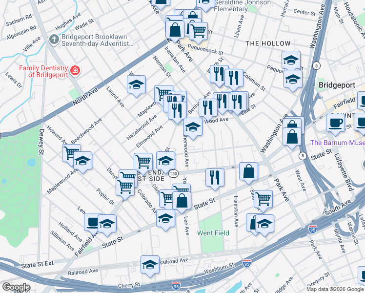map of restaurants, bars, coffee shops, grocery stores, and more near 155 Sherwood Avenue in Bridgeport