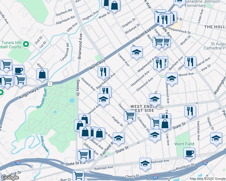 map of restaurants, bars, coffee shops, grocery stores, and more near 704 Colorado Avenue in Bridgeport