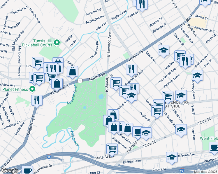 map of restaurants, bars, coffee shops, grocery stores, and more near 682 Dewey Street in Bridgeport