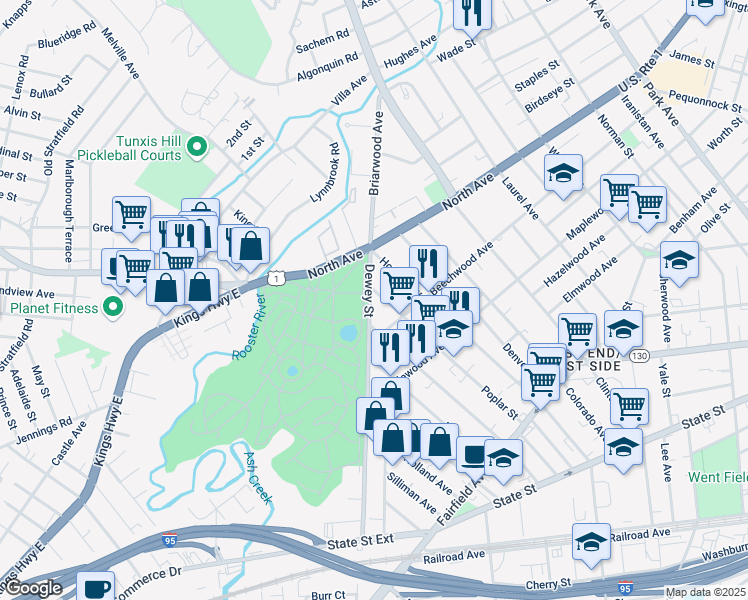 map of restaurants, bars, coffee shops, grocery stores, and more near 682 Dewey Street in Bridgeport