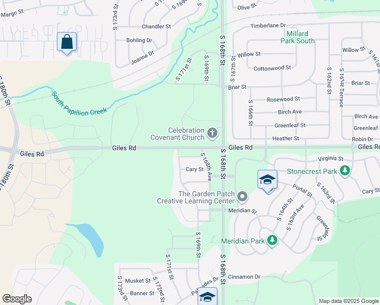 map of restaurants, bars, coffee shops, grocery stores, and more near 16864 Virginia Street in Omaha