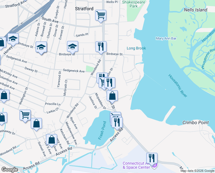 map of restaurants, bars, coffee shops, grocery stores, and more near 1178 Elm Street in Stratford