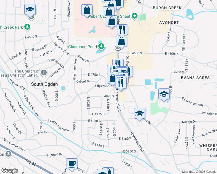 map of restaurants, bars, coffee shops, grocery stores, and more near 1165 Edgewood Drive in Ogden