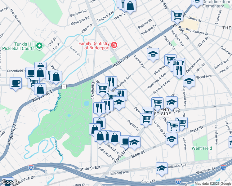 map of restaurants, bars, coffee shops, grocery stores, and more near 1 Howard Court in Bridgeport