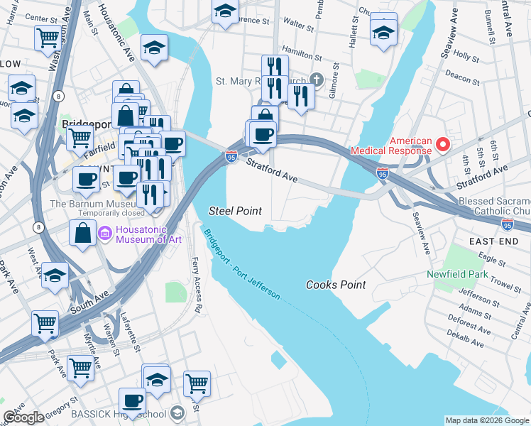 map of restaurants, bars, coffee shops, grocery stores, and more near 55 East Main Street in Bridgeport
