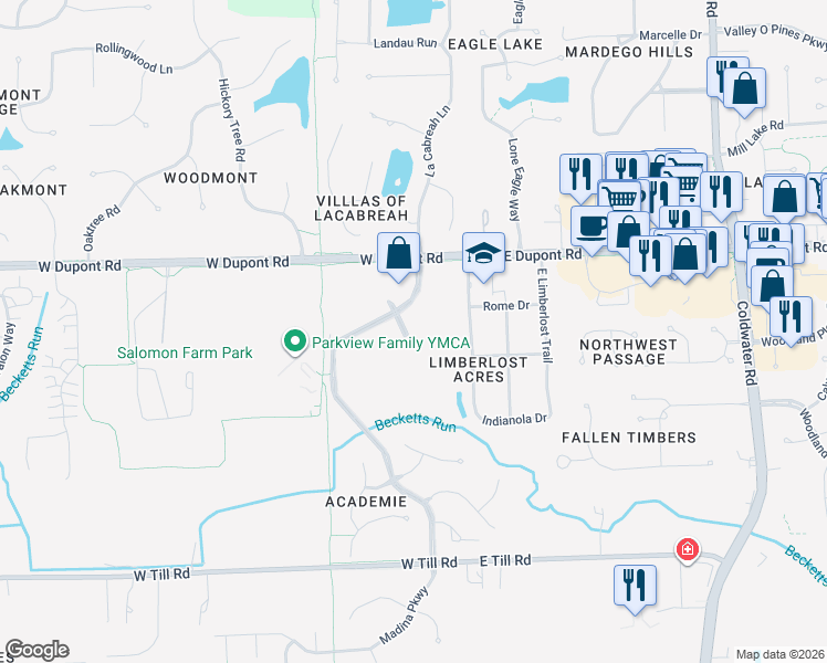 map of restaurants, bars, coffee shops, grocery stores, and more near Augusta Way in Fort Wayne