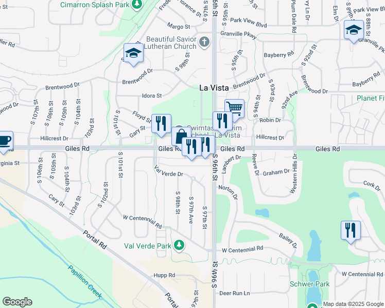 map of restaurants, bars, coffee shops, grocery stores, and more near 9810 Giles Road in La Vista