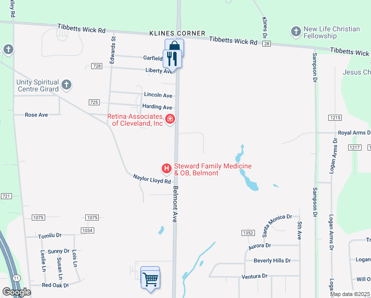 map of restaurants, bars, coffee shops, grocery stores, and more near 5373 Belmont Avenue in Youngstown
