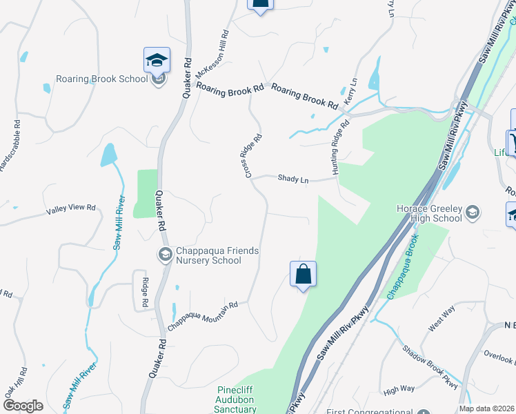 map of restaurants, bars, coffee shops, grocery stores, and more near 50 Cross Ridge Road in Chappaqua
