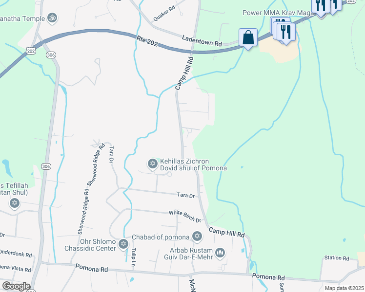map of restaurants, bars, coffee shops, grocery stores, and more near 42 Camp Hill Road in Pomona
