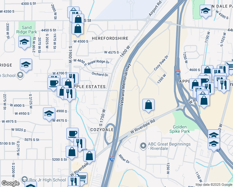 map of restaurants, bars, coffee shops, grocery stores, and more near 1708 West 4800 South in Riverdale