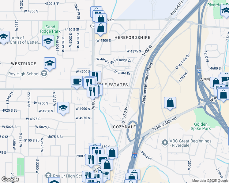 map of restaurants, bars, coffee shops, grocery stores, and more near in Roy