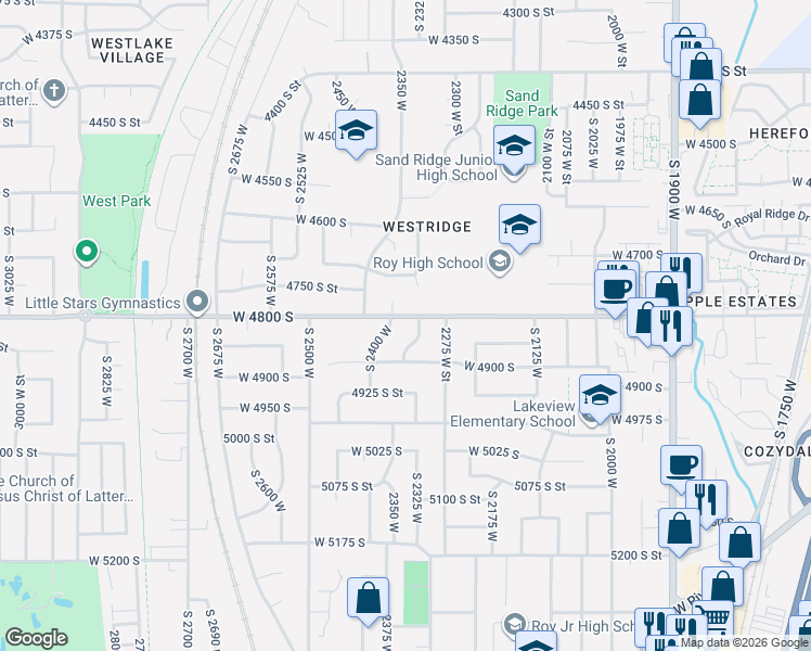 map of restaurants, bars, coffee shops, grocery stores, and more near 2336 West 4800 South in Roy