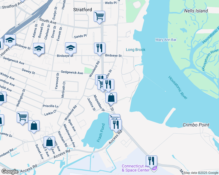 map of restaurants, bars, coffee shops, grocery stores, and more near 1178 Elm Street in Stratford