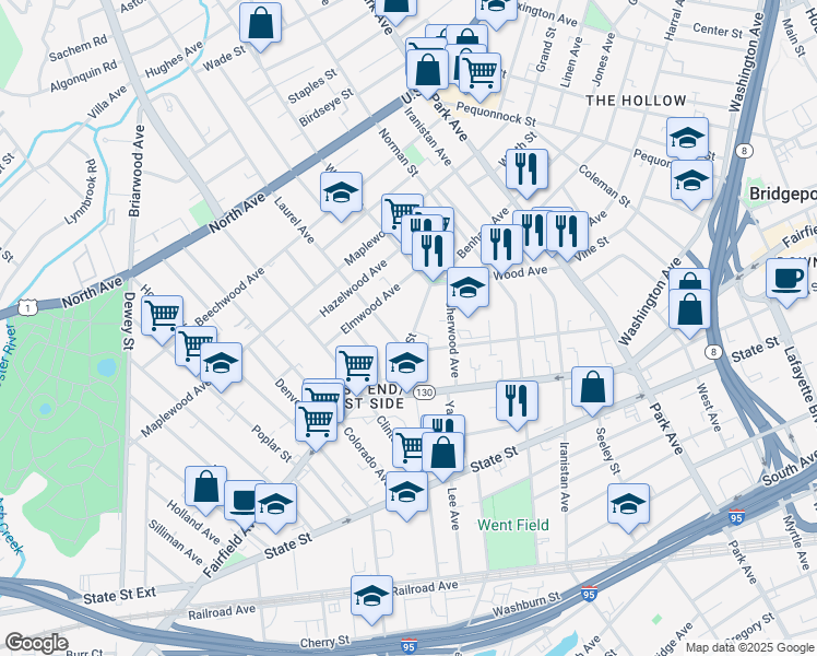 map of restaurants, bars, coffee shops, grocery stores, and more near 175 Grove Street in Bridgeport