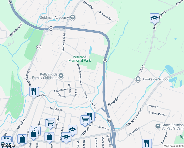 map of restaurants, bars, coffee shops, grocery stores, and more near 13 Birchbrook Road in Ossining