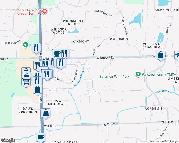 map of restaurants, bars, coffee shops, grocery stores, and more near 10133 Oak Trail Road in Fort Wayne