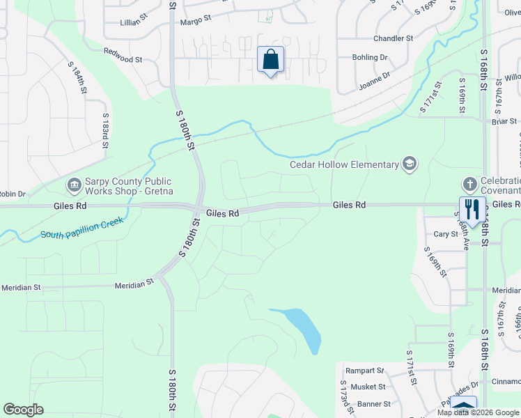 map of restaurants, bars, coffee shops, grocery stores, and more near 17708 Giles Road in Omaha