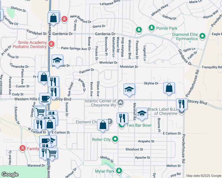 map of restaurants, bars, coffee shops, grocery stores, and more near 602 Killarney Drive in Cheyenne