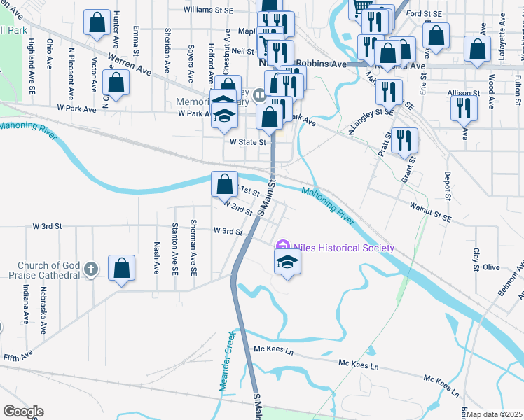 map of restaurants, bars, coffee shops, grocery stores, and more near 316 South Main Street in Niles
