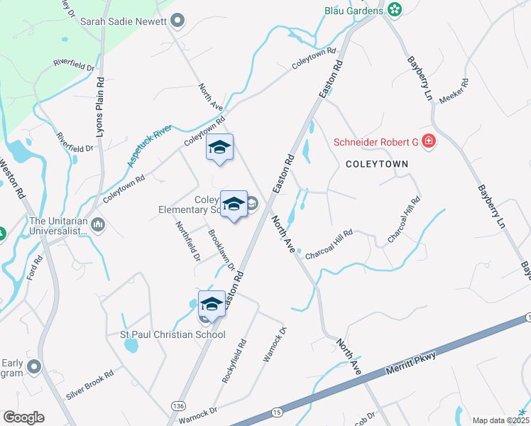 map of restaurants, bars, coffee shops, grocery stores, and more near 65 Easton Road in Westport