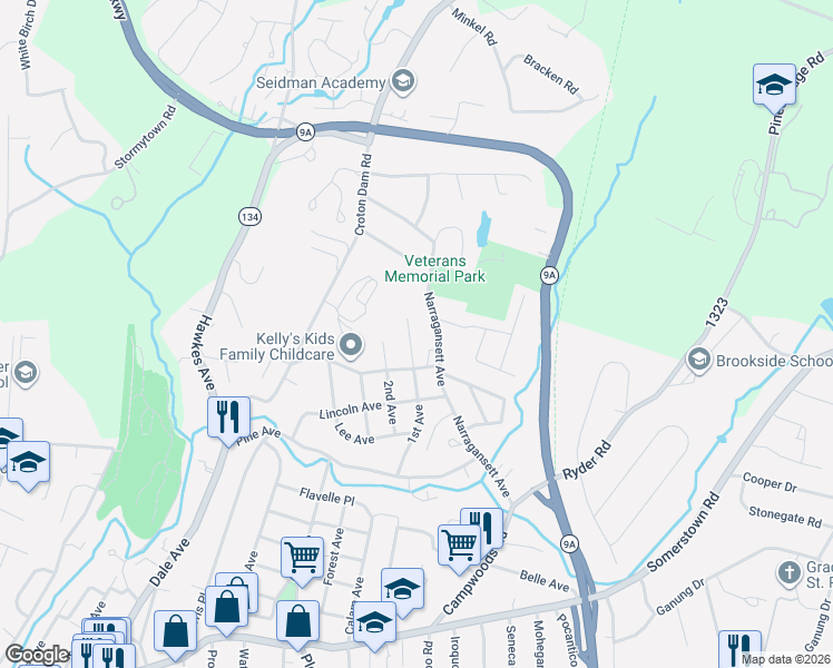 map of restaurants, bars, coffee shops, grocery stores, and more near 60 1st Avenue in Ossining