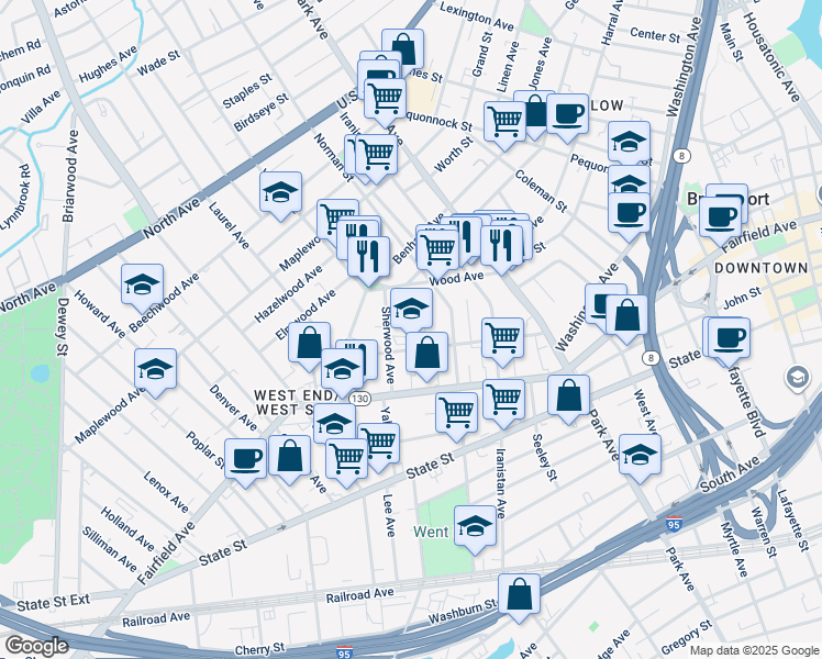 map of restaurants, bars, coffee shops, grocery stores, and more near 300 Laurel Avenue in Bridgeport