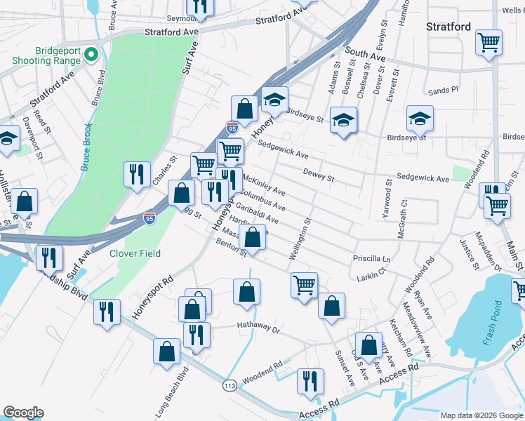 map of restaurants, bars, coffee shops, grocery stores, and more near 91 Columbus Avenue in Stratford