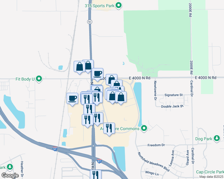 map of restaurants, bars, coffee shops, grocery stores, and more near 1602 Illinois 50 in Bourbonnais