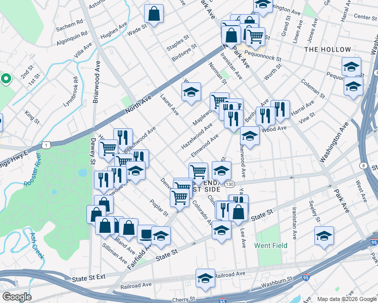 map of restaurants, bars, coffee shops, grocery stores, and more near 190 Hazelwood Avenue in Bridgeport