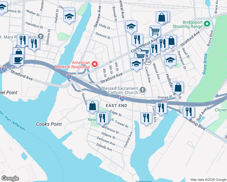 map of restaurants, bars, coffee shops, grocery stores, and more near 223 Beardsley Street in Bridgeport