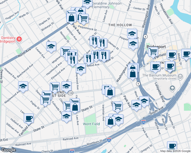 map of restaurants, bars, coffee shops, grocery stores, and more near 554 Norman Street in Bridgeport