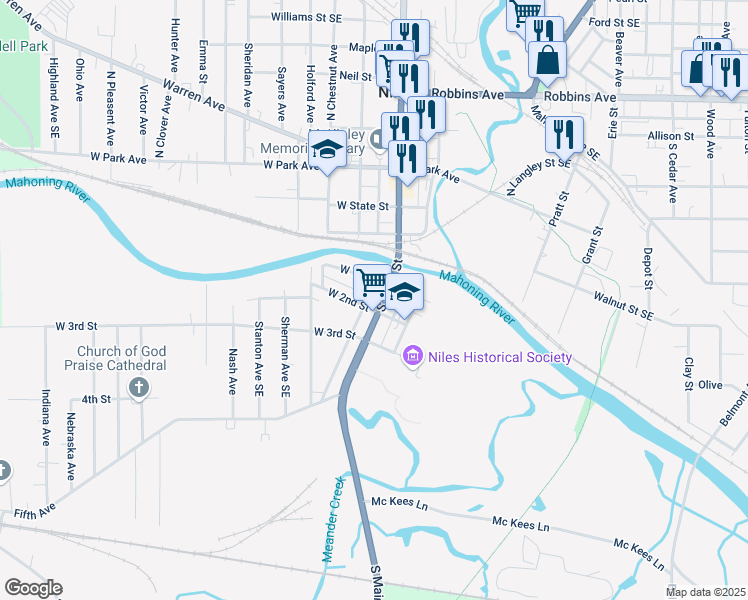 map of restaurants, bars, coffee shops, grocery stores, and more near 316 South Main Street in Niles