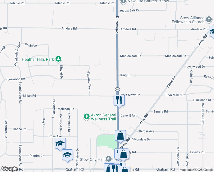 map of restaurants, bars, coffee shops, grocery stores, and more near 4481 Leewood Road in Stow