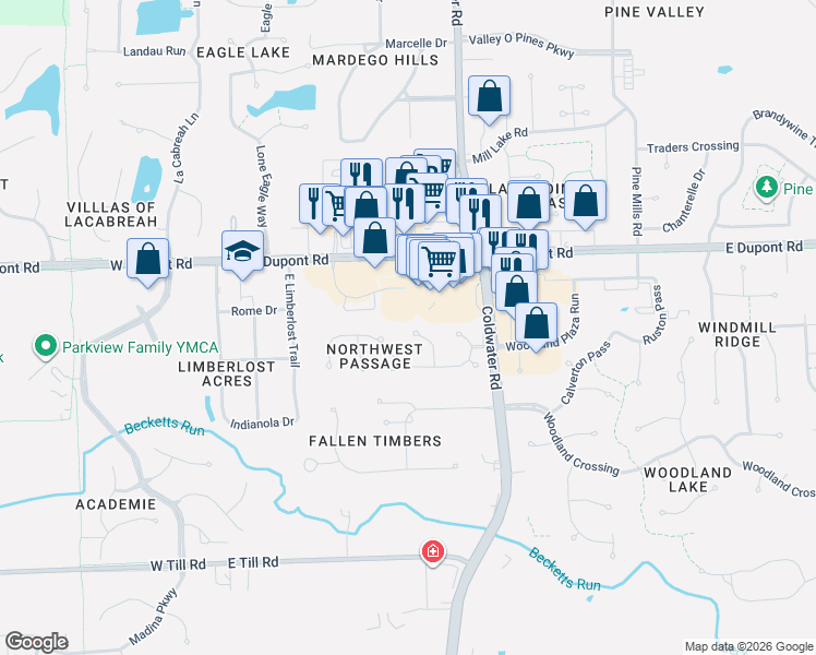 map of restaurants, bars, coffee shops, grocery stores, and more near 10228 Clarks Psge in Fort Wayne