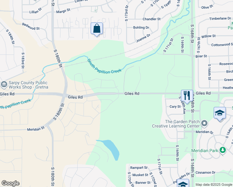 map of restaurants, bars, coffee shops, grocery stores, and more near 17392 Giles Road in Omaha