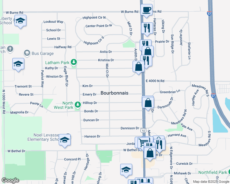 map of restaurants, bars, coffee shops, grocery stores, and more near 28 Emery Drive in Bourbonnais