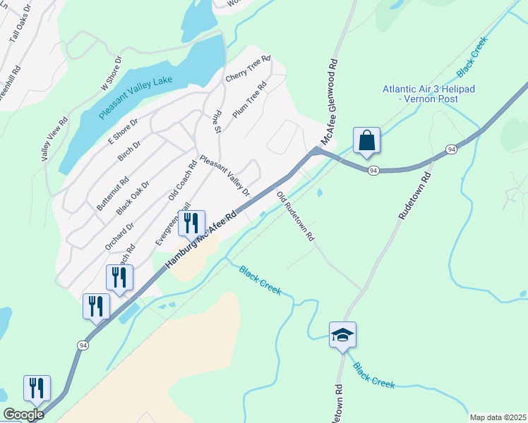 map of restaurants, bars, coffee shops, grocery stores, and more near 66 State Route 94 in Vernon